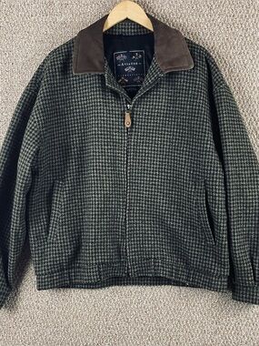 Aviator Tweed Jacket Men’s L Houndstooth Wool Bomber Leather Trim Pockets Lined